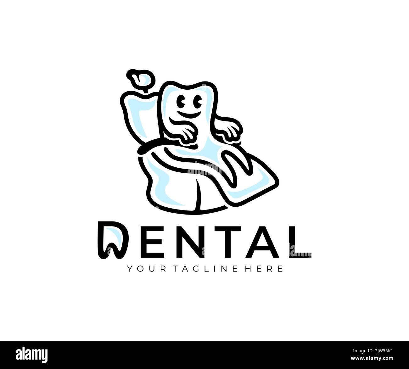 Il dente è seduto sulla sedia dentale, chirurgia dentale, logo design. Cura dentale, clinica dentale, medicina e assistenza sanitaria, disegno vettoriale ed illustrazione Illustrazione Vettoriale