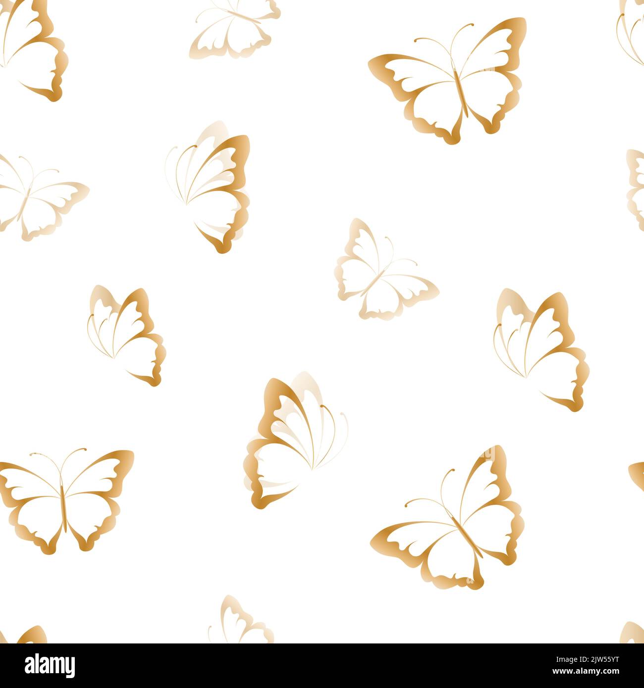 Motivo a farfalla senza cuciture. Farfalle dorate lucide su sfondo bianco. Illustrazione Vettoriale