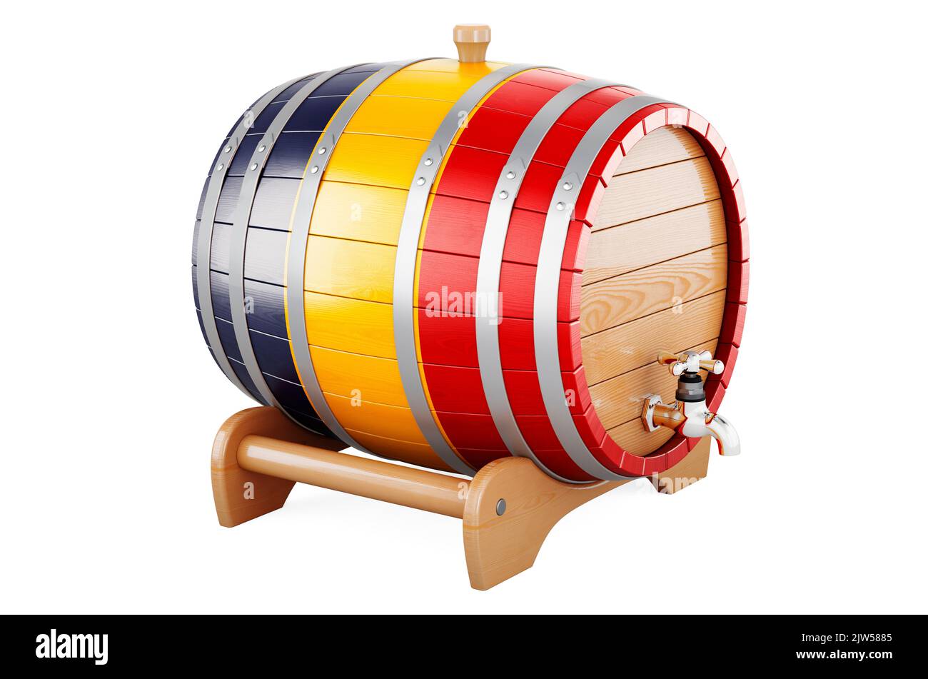 Barile di legno con bandiera rumena, 3D rendering isolato su sfondo bianco Foto Stock