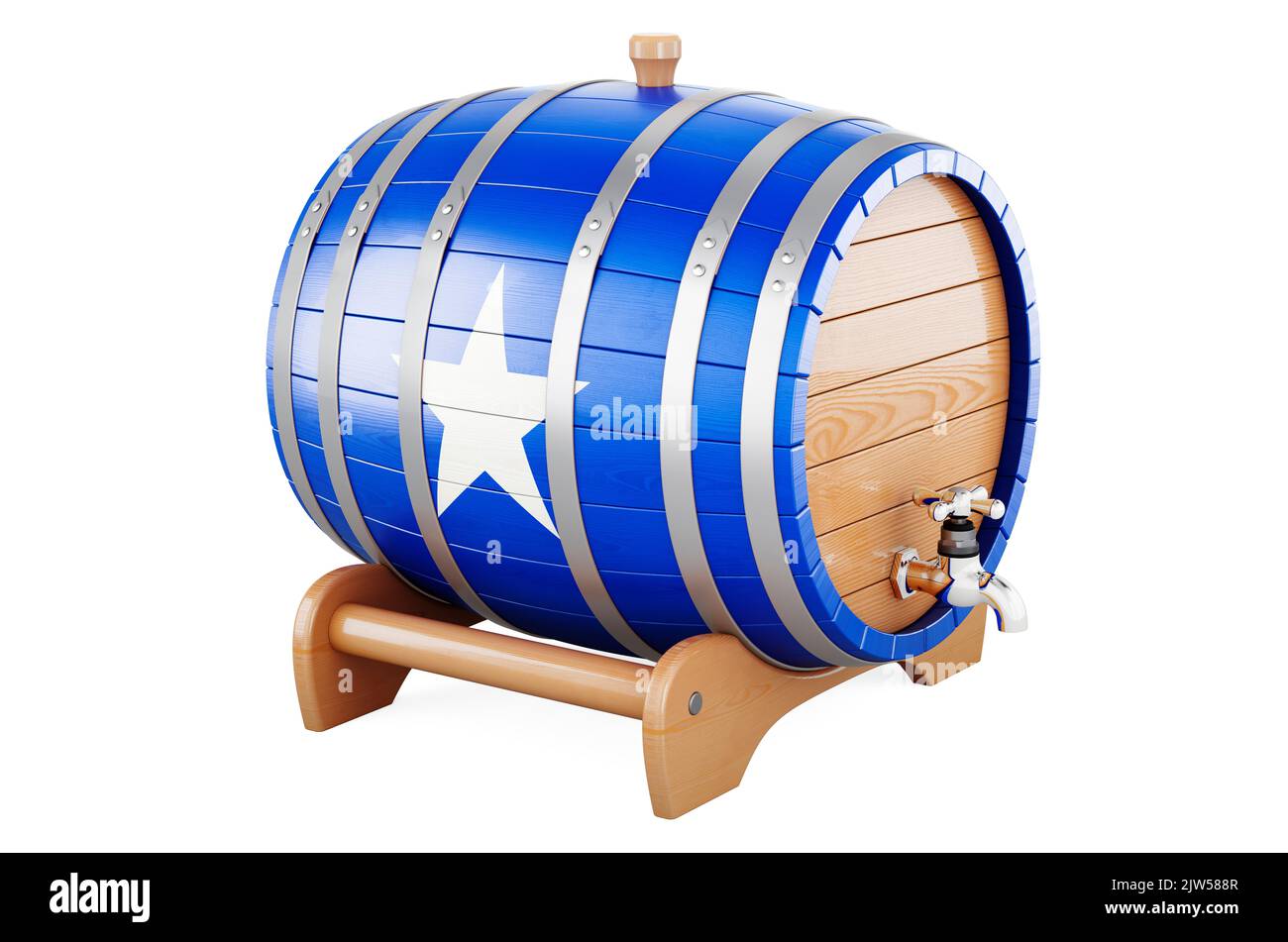 Barile di legno con bandiera somala, 3D rendering isolato su sfondo bianco Foto Stock