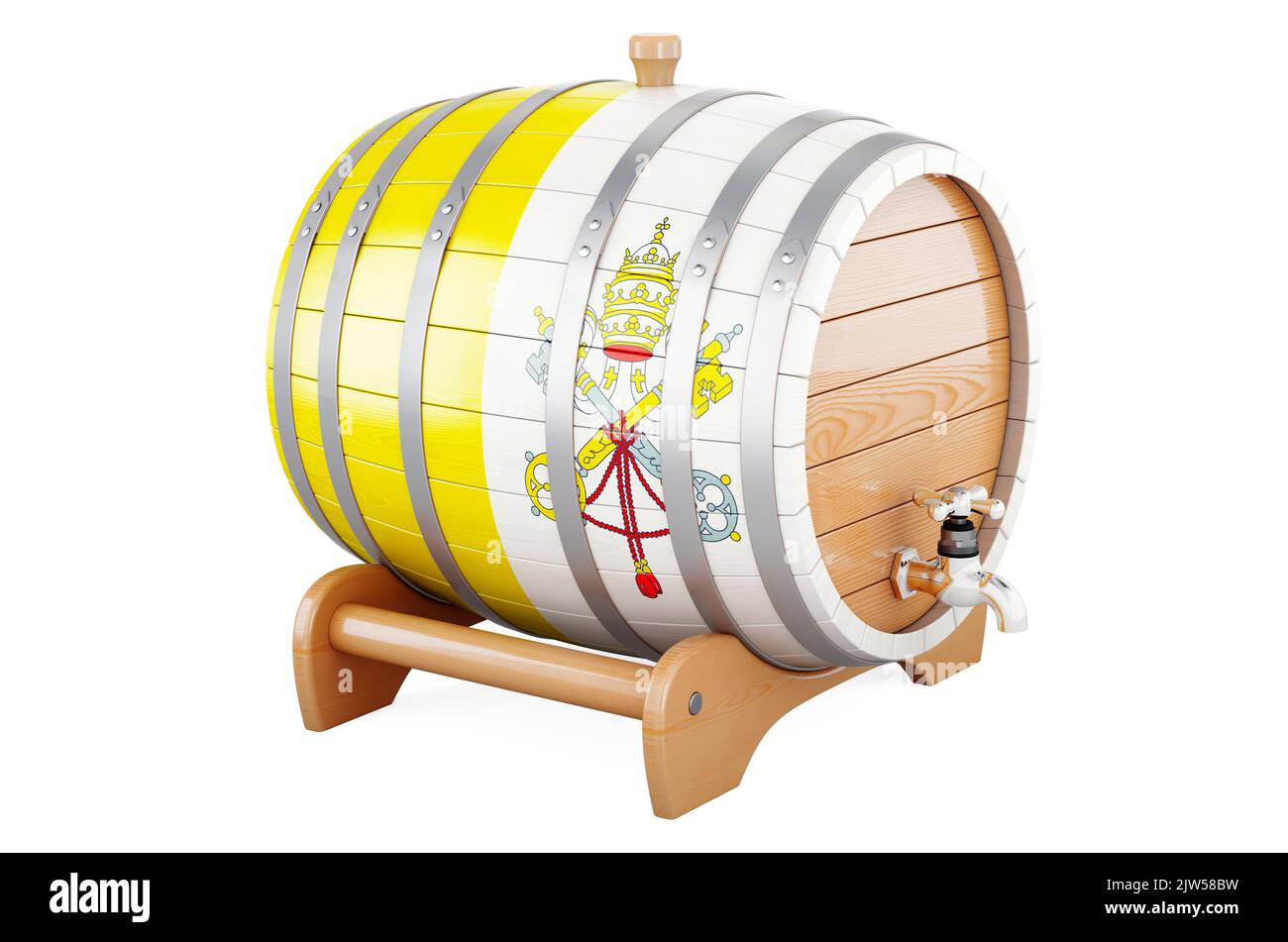 Barile di legno con bandiera vaticana, 3D rendering isolato su sfondo bianco Foto Stock