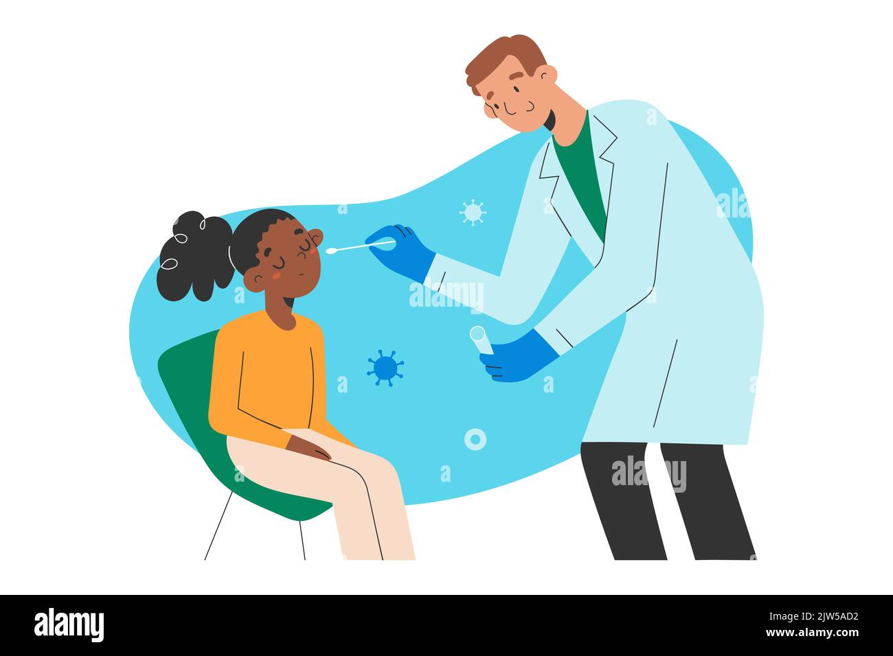 Test per bambini covid19. Medico amichevole utilizzando un bastoncino di cotone per testare una ragazza afro-americana per coronavirus, illustrazione vettore Illustrazione Vettoriale