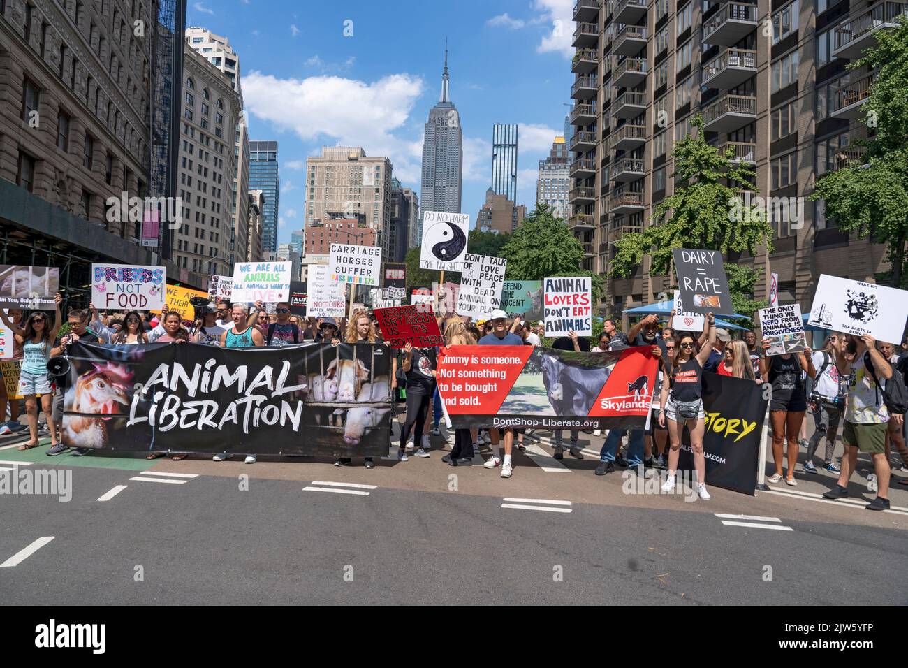 NEW YORK, NY - 27 AGOSTO 2022: Centinaia di attivisti per i diritti degli animali partecipano al Animal Rights March NYC per protestare contro gli abusi sugli animali e contro Dior An Foto Stock