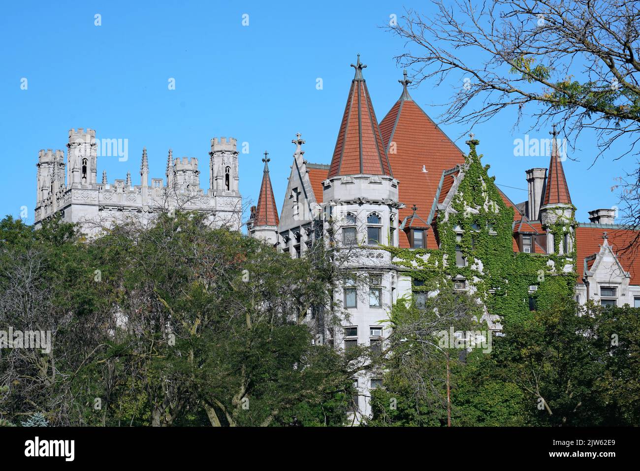 Architettura gotica ornata all'Università di Chicago, che rende omaggio agli stili di Oxford e Cambridge Foto Stock