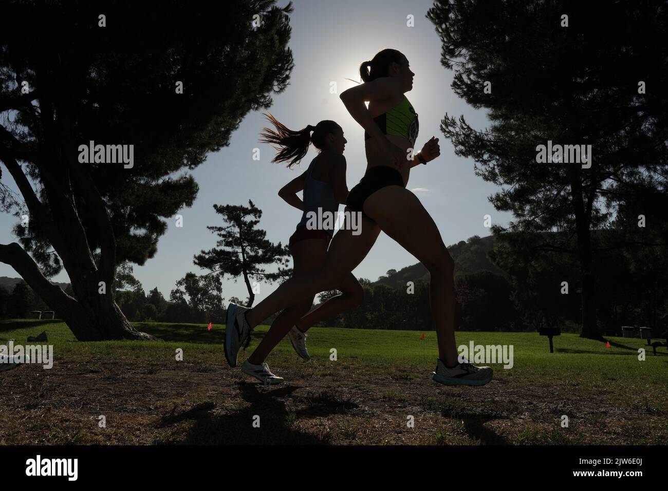 Le runner si stagliano contro il sole nella gara femminile durante il Mark Covert Cross Country Invitational, sabato 3 settembre 2022, a Brea, calib. Foto Stock