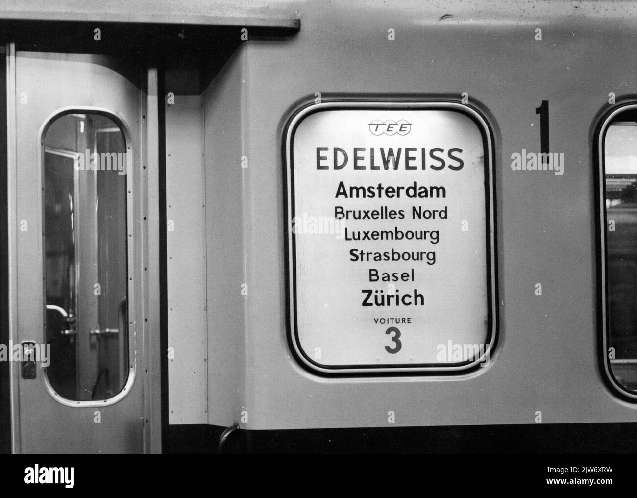 Immagine della targhetta dei prezzi del T.E.E. 'Edelweiss' da Amsterdam a Zurigo (Svizzera). Foto Stock