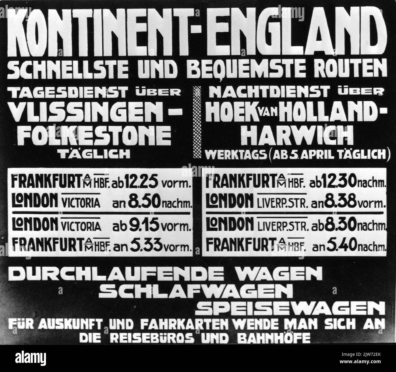 Immagine di un poster (tedesco) di Kontinent-Inghilterra per i treni tra Francoforte e Londra v.v. (Via Vlissingen - Folkstone o Hoek van Holland - Harwich). Foto Stock