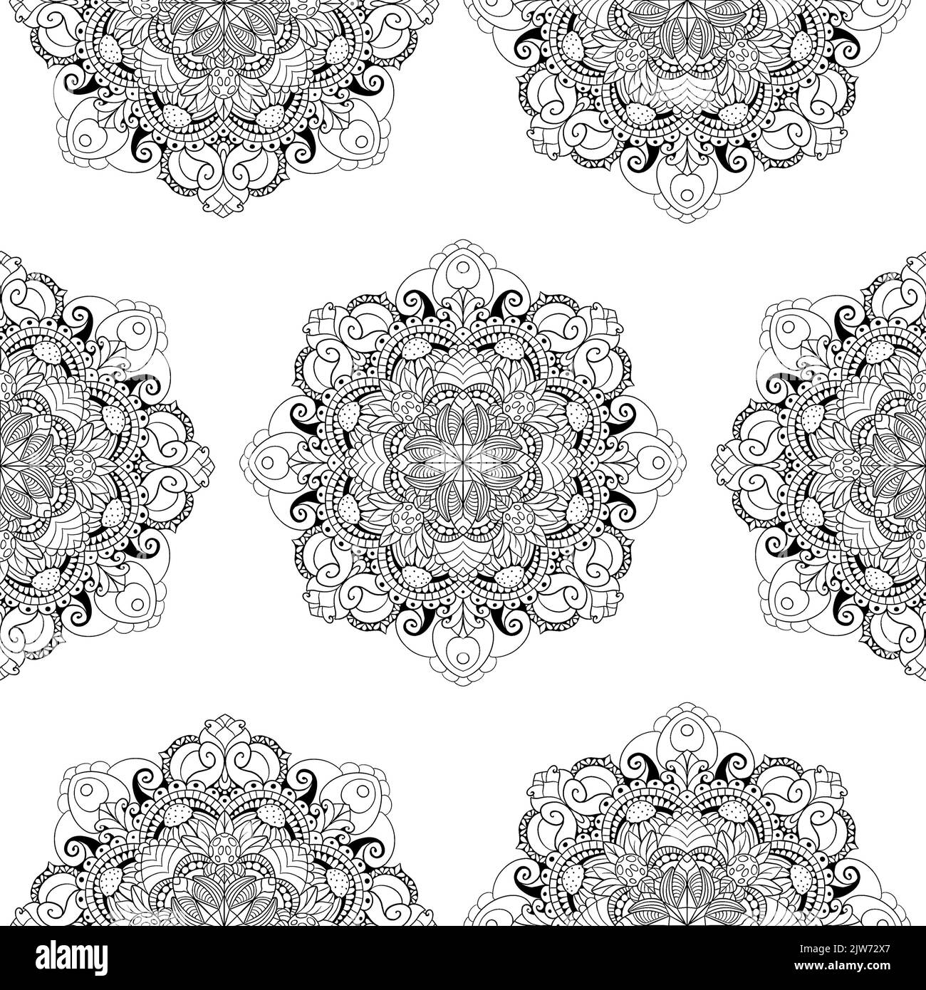 Modello di mandala senza cuciture raster in bianco e nero. Alta qualità adatta per la stampa di libri e libri da colorare. Foto Stock