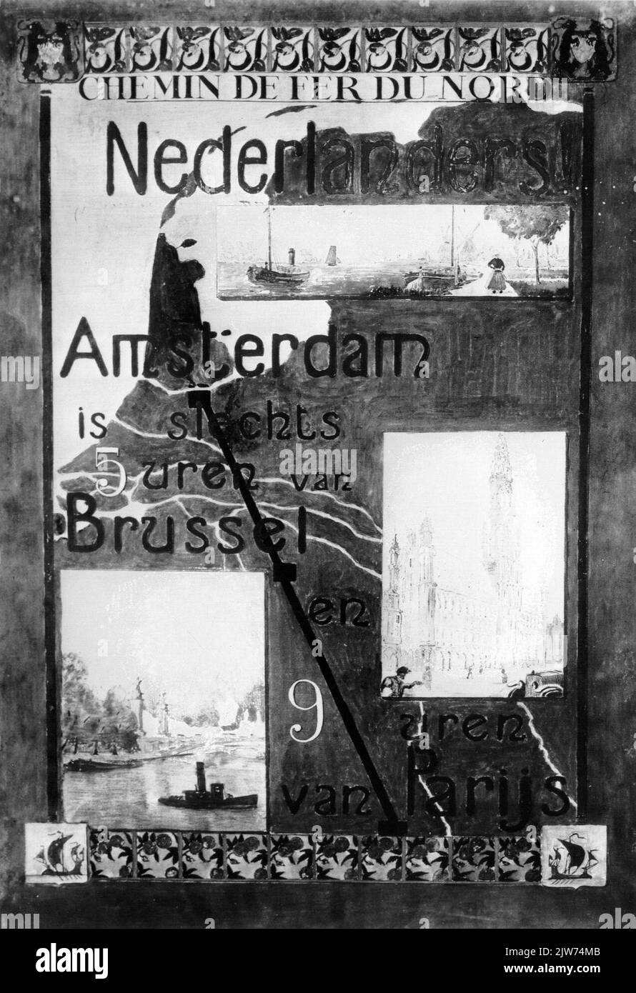 Immagine di un poster di Chemin de Fer du Nord per collegamenti ferroviari veloci tra Amsterdam, Bruxelles e Parigi. Foto Stock