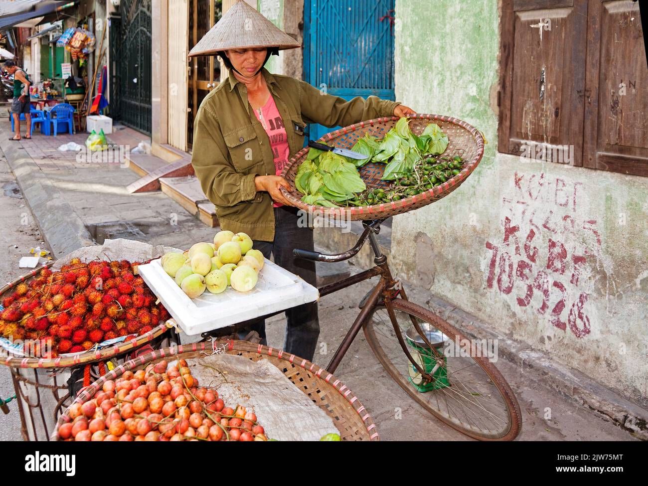 Mercato di strada vietnamita e commerciante che indossa cappello di bambù, Hai Phong, Vietnam Foto Stock