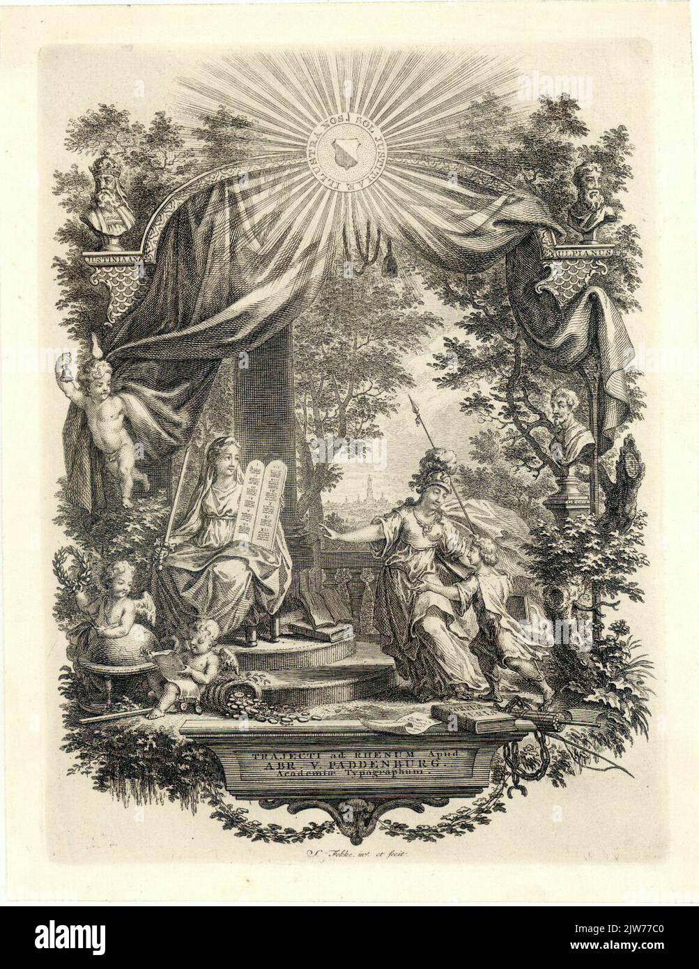 Rappresentazione allegorica con Minerva, dea della scienza, e dea che tiene le tavole legislative, e sullo sfondo il profilo della città di Utrecht. Foto Stock