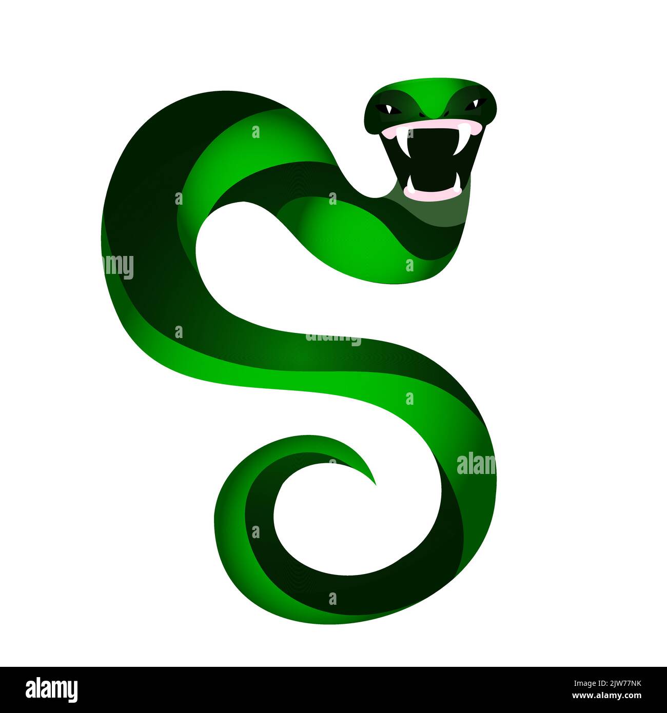 Serpente verde con grafica vettoriale a fangs nitida in stile cartoon piatto isolato su sfondo bianco Illustrazione Vettoriale