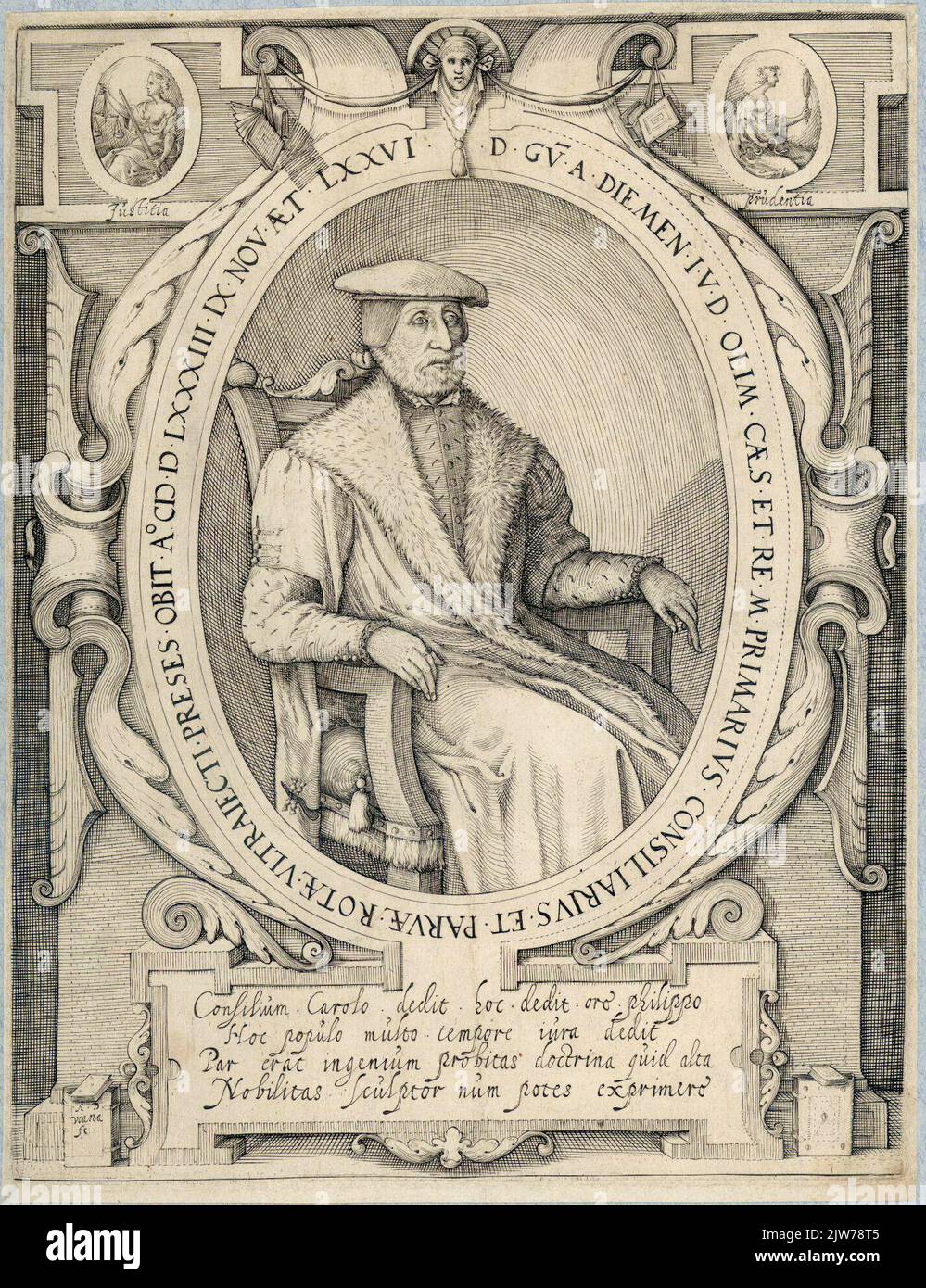 D. GU [Ilielmo?]. A. Diemen. I. D. una volta. Cæs. E. Realtà. Marcus primario. Consigliere. E. PICCOLA. Ruote. Ultraiecti. Preses. Obit. A. M. D. 83. 9 novembre Æt. 76. Foto Stock