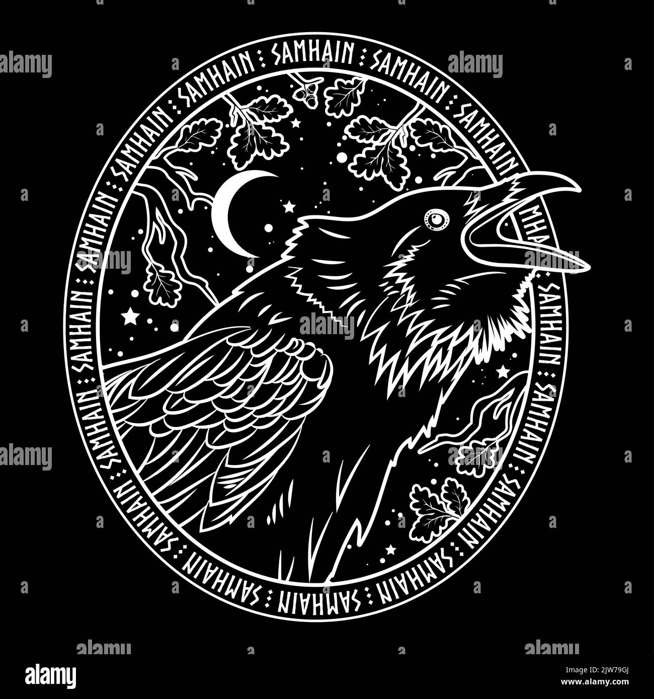 Design di Halloween. Raven nei rami di un albero di quercia contro un cielo stellato e Samhain scritta in un cerchio Illustrazione Vettoriale