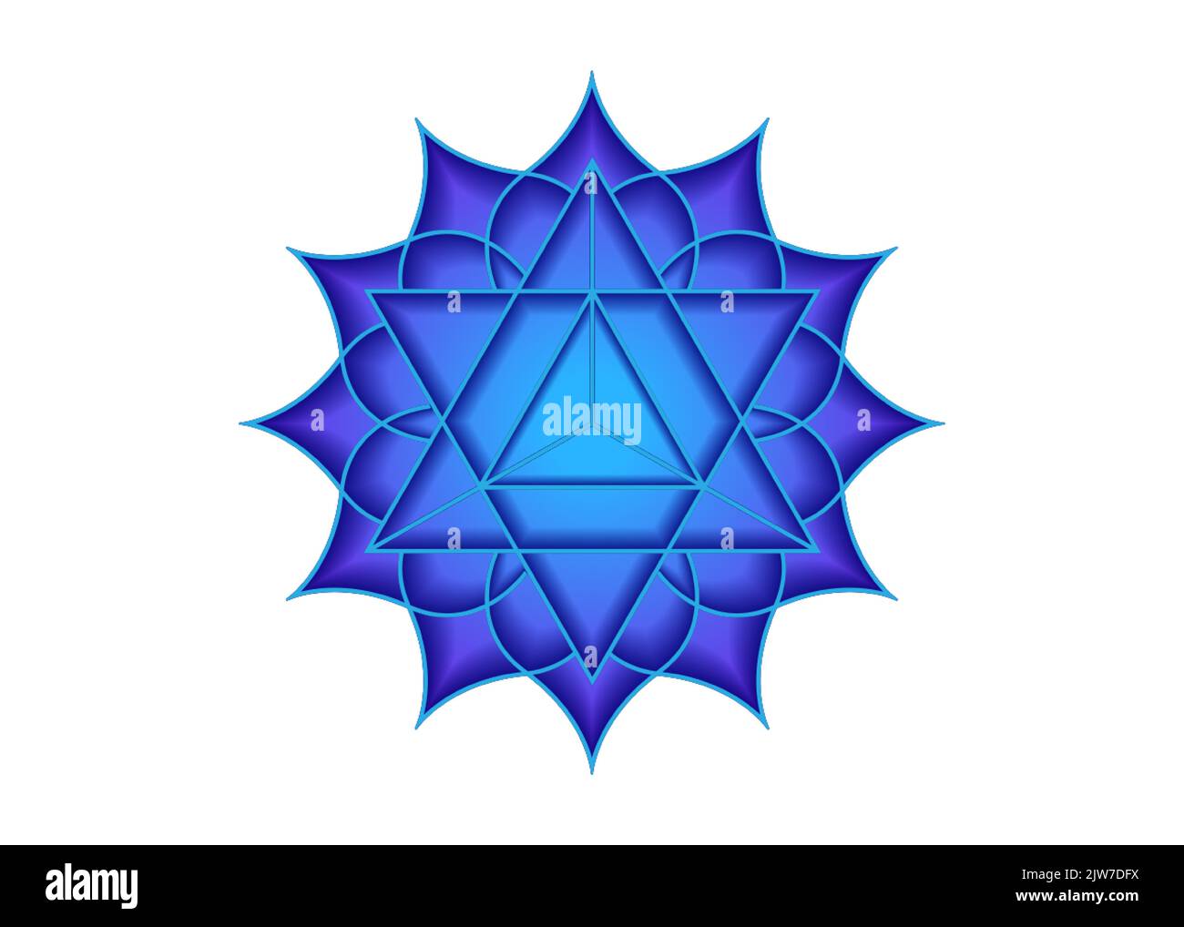 Geometria sacra, simbolo mistico della Merkabah, chakra della quinta gola, fiore di loto di colore blu, logo magico disegno di mandala geometrico, isolato Illustrazione Vettoriale