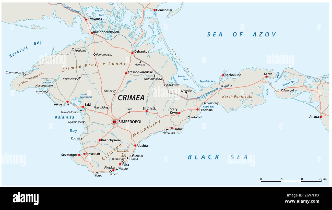 Mappa vettoriale dettagliata della crimea e delle principali città Foto Stock