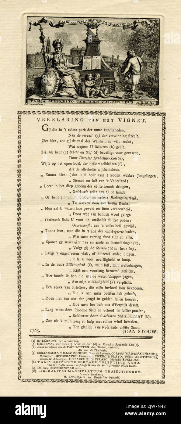 Rappresentazione simbolica della dea Minerva con lo stemma della città di Utrecht che esprime la dolcezza della città di Utrecht all'università. Sullo sfondo le mura della città con la Catharijnepoort. Foto Stock