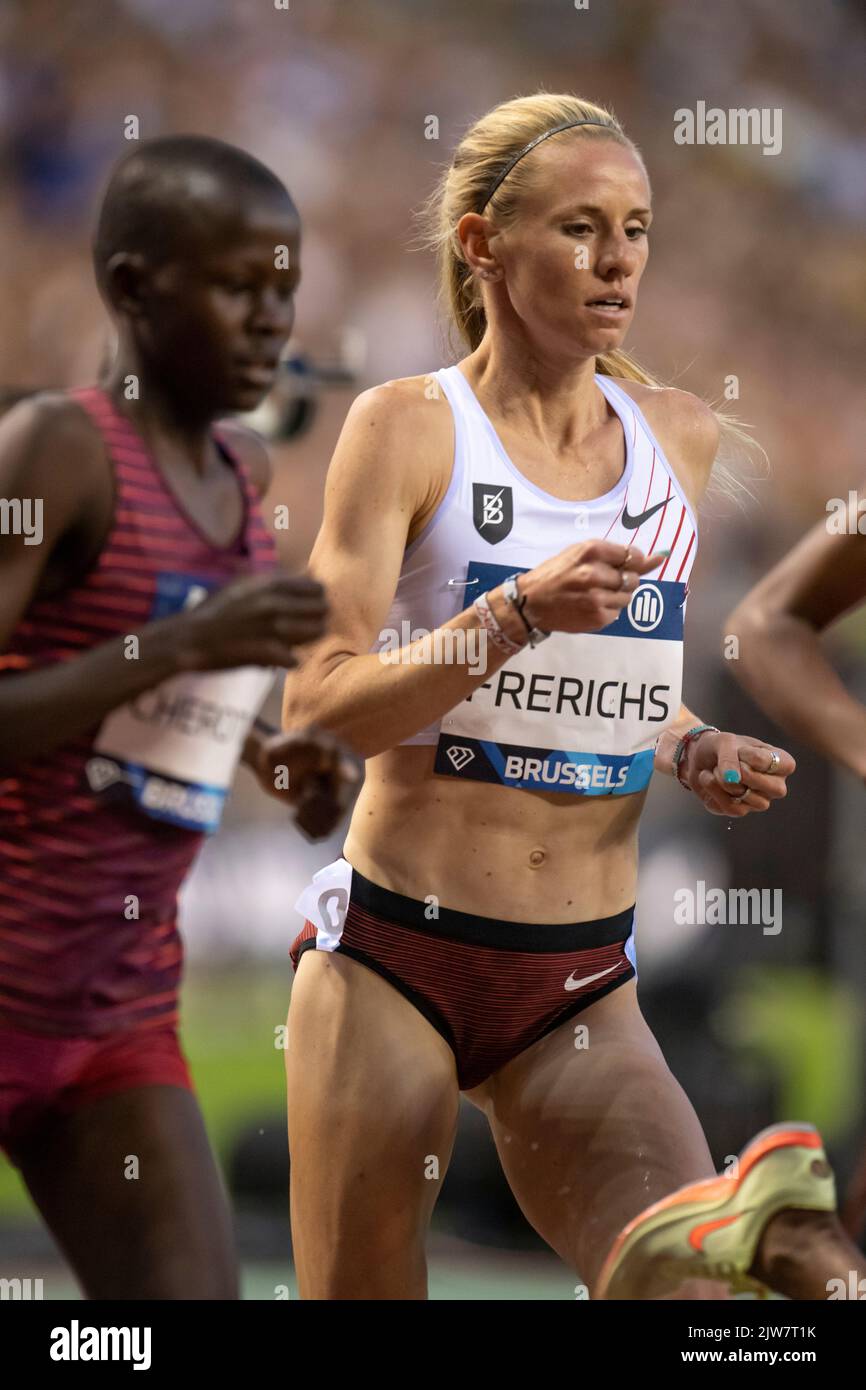 Courtney Frerichs degli Stati Uniti gareggia nella steeplechase femminile del 3000m al Memoriale Allianz Van Damme 2022, parte della serie Diamond League 2022 Foto Stock