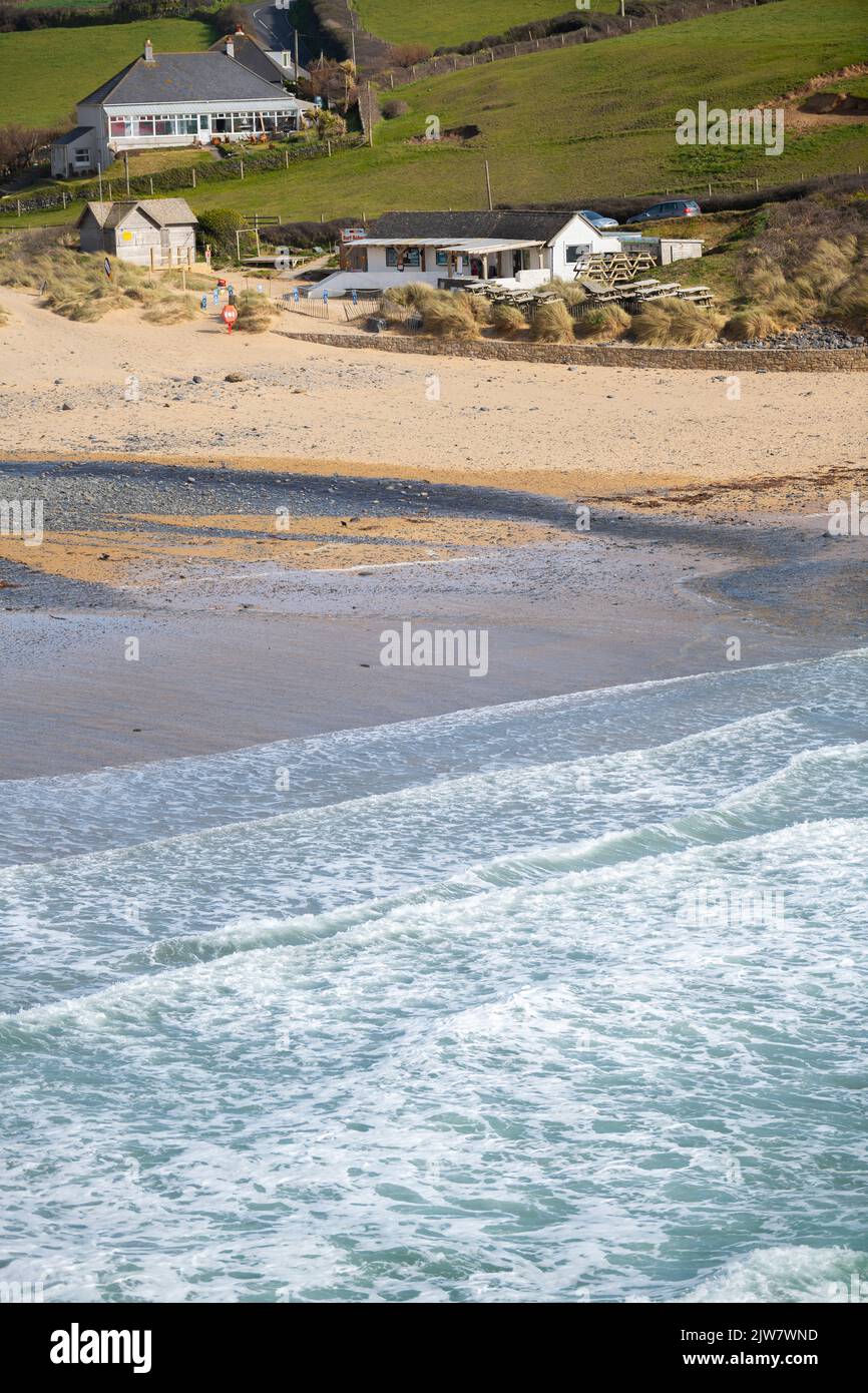 Immagine aerea della spiaggia e del caffè di Poldhu. Foto Stock