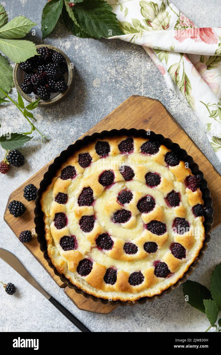 Pasticceria vegana senza glutine. Torta di blackberry fatta in casa. Torta dolce con mora e crema pasticcera su tavolo di pietra. Foto Stock