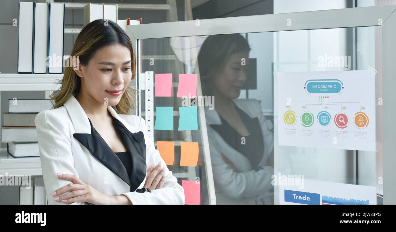 Felice bella donna asiatica busimess che posa di fronte al bastone di carta su vetro con successo momento in ufficio Foto Stock
