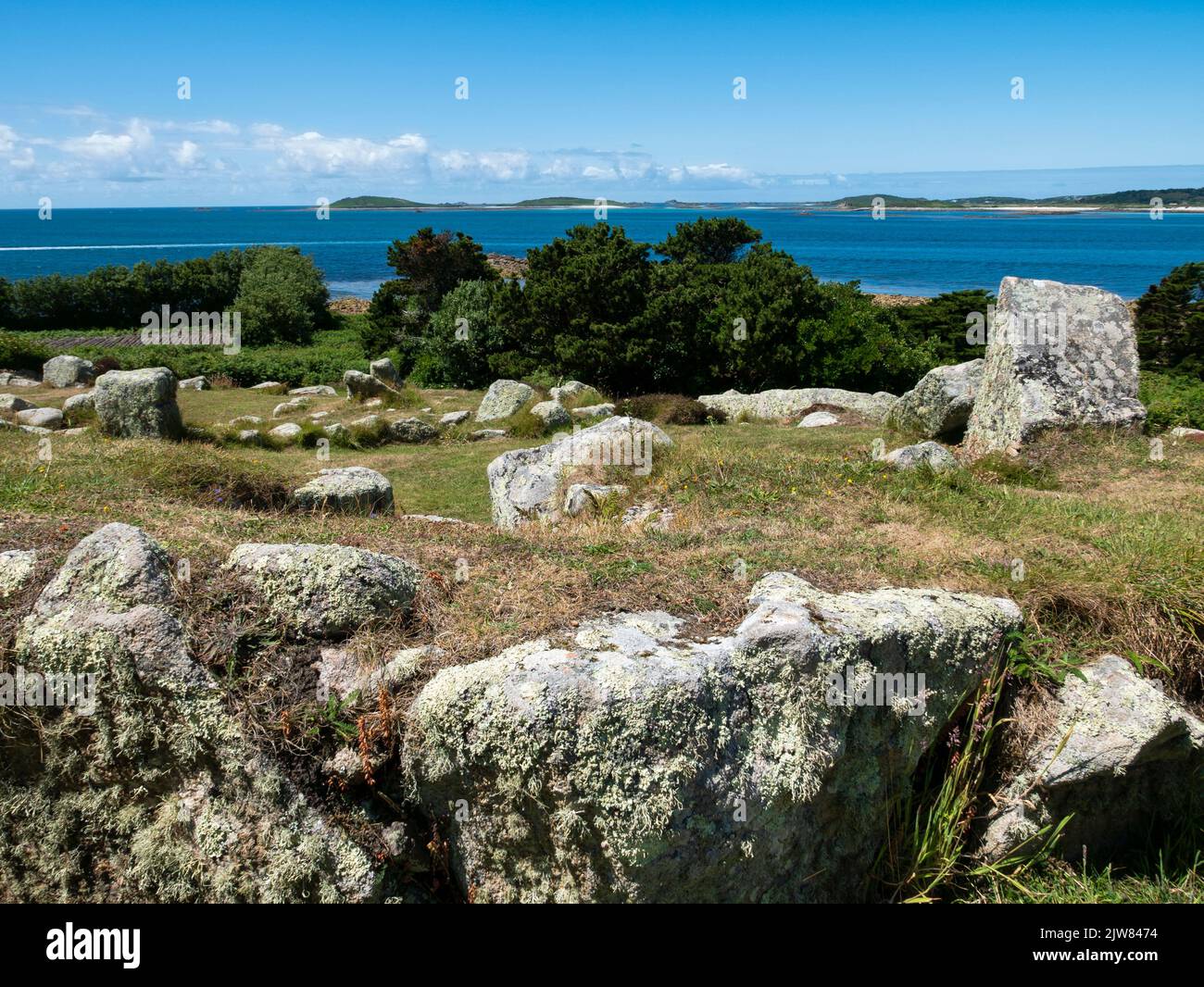 Halangy Down Ancient Village, St Mary's, Isles of Scilly, Cornovaglia, Inghilterra, REGNO UNITO. Foto Stock