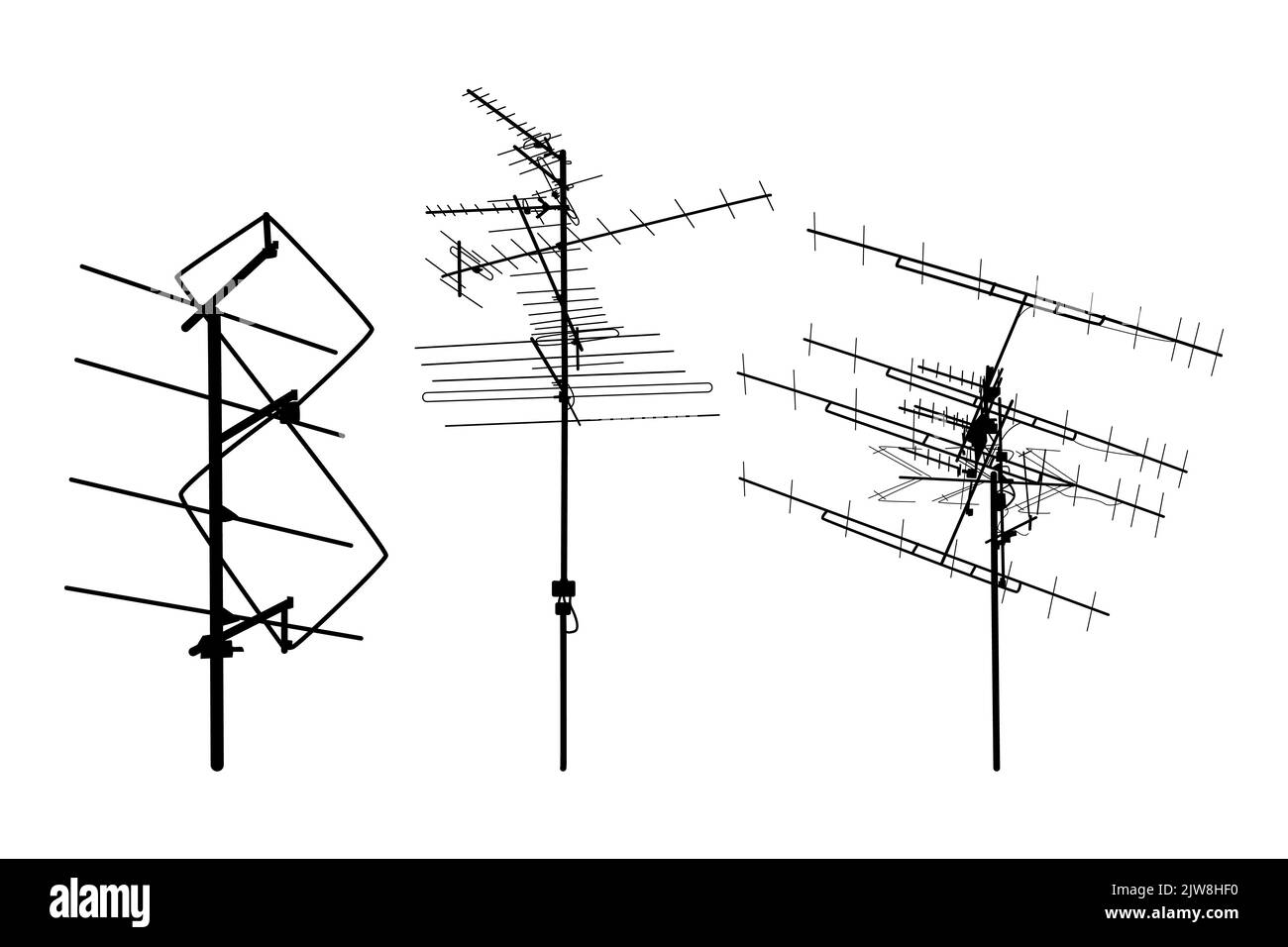 Icone dell'antenna del televisore impostate. Sagome di diverse antenne televisive. Simbolo o simbolo dell'antenna TV. Antenne per televisione sul tetto. Concetto di tecnologia. Illustrazione Vettoriale