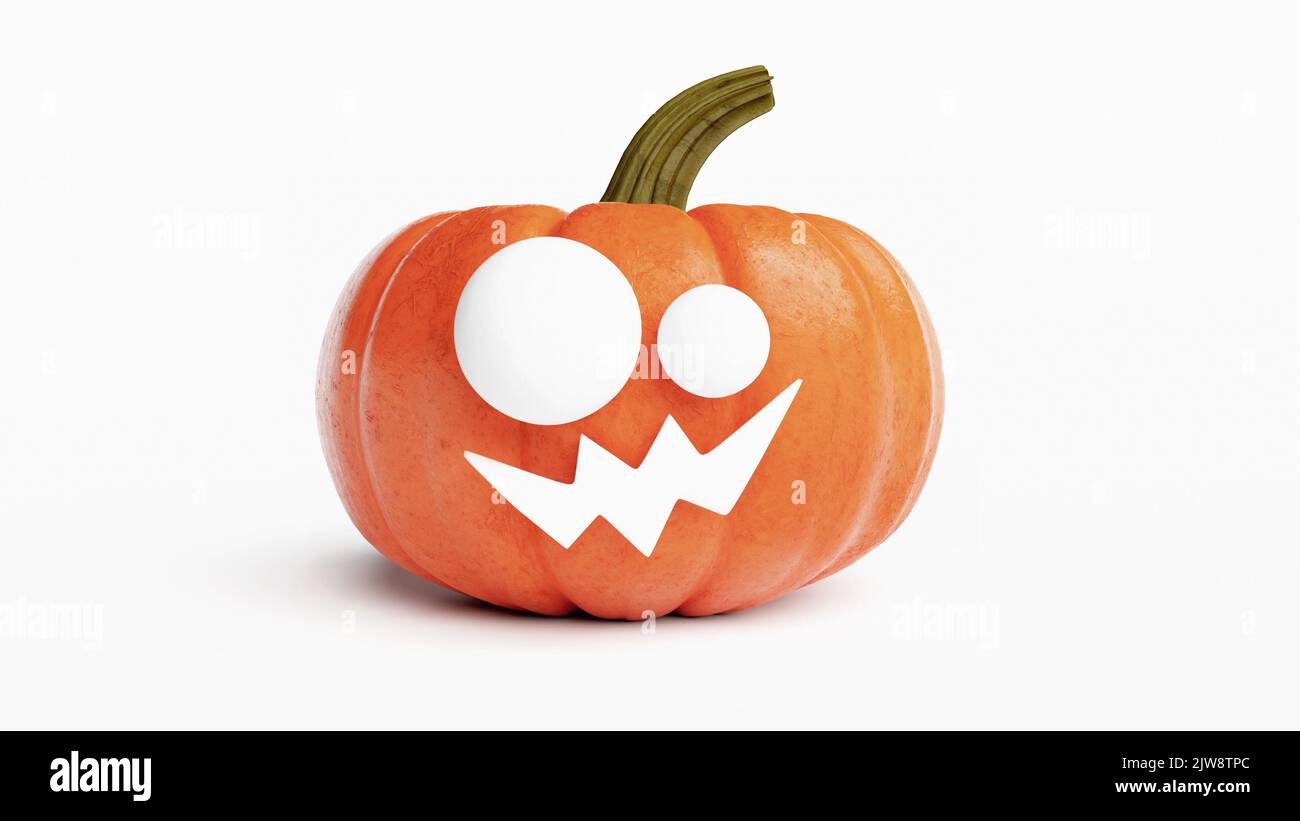 Testa di zucca di Halloween isolata su sfondo bianco. Divertente illustrazione skittish di Jack o'Lantern con spazio di copia. Foto Stock Testa di zucca di Halloween isolata su sfondo bianco. Divertente illustrazione skittish di Jack o'Lantern con spazio di copia. Foto Stock