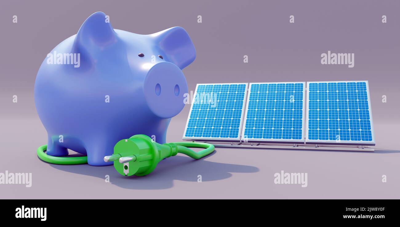 Risparmio di energia solare. Spina di alimentazione verde, piggy bank e pannelli fotovoltaici. Eco House, concetto di energia rinnovabile. renderbusiness 3d Foto Stock