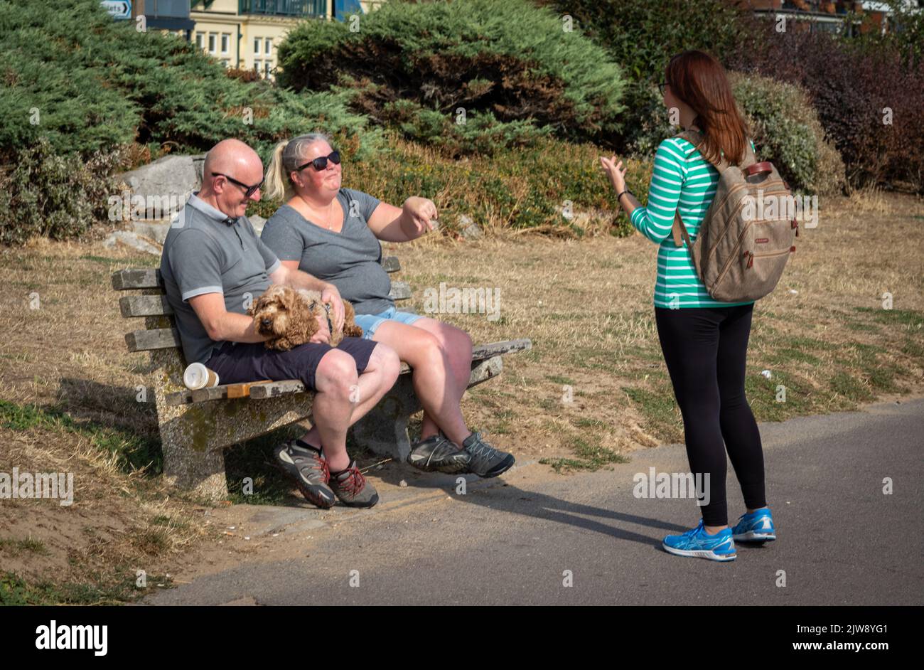 Una giovane donna si ferma a chiacchierare con una coppia di mezza età e il suo cane da compagnia a Southend-on-Sea, Essex, Regno Unito. Foto Stock