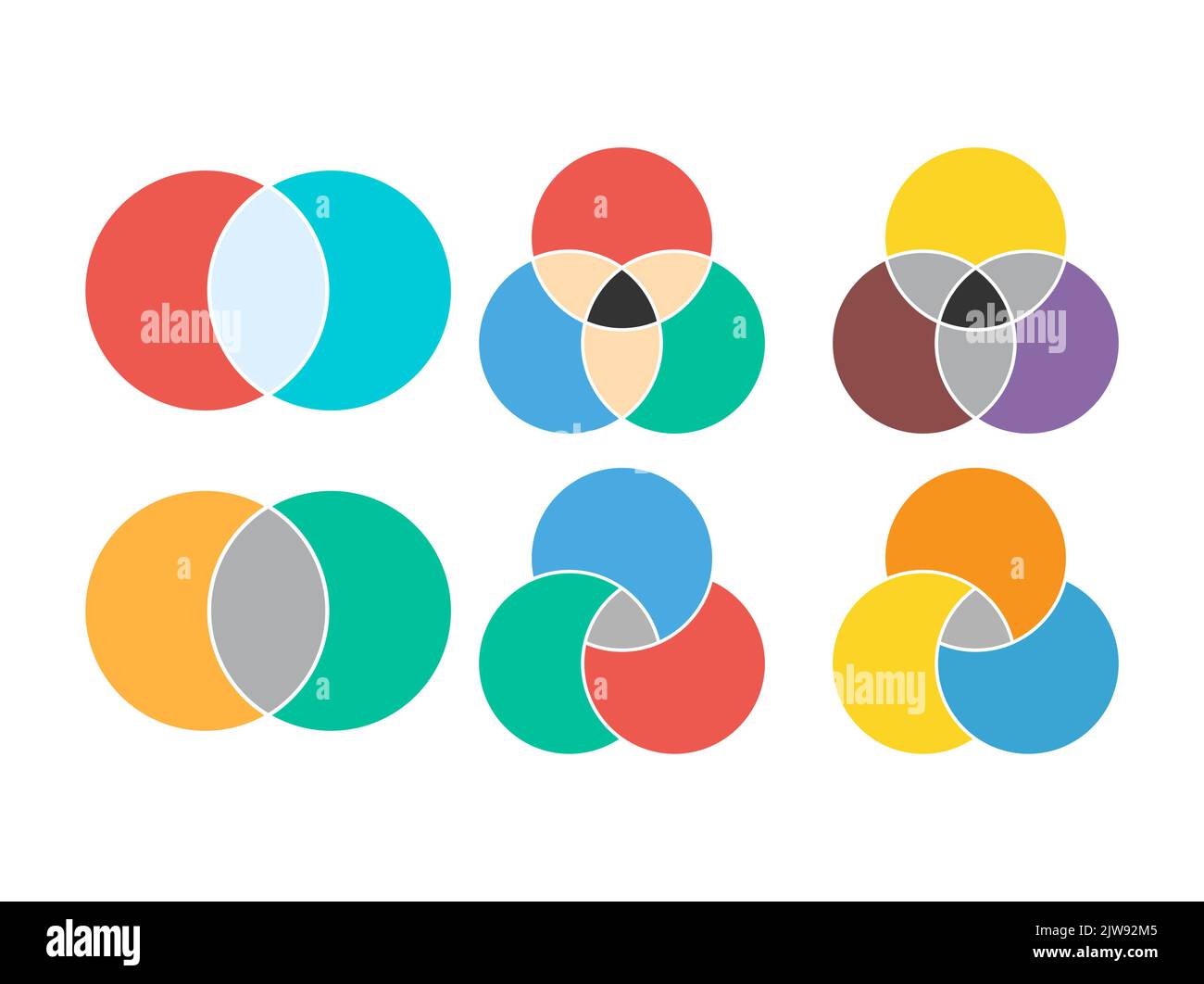 Set di vettore matematico diagramma Venn, spazio negativo, icona moderna a colori - isolato su sfondo bianco . Illustrazione Vettoriale