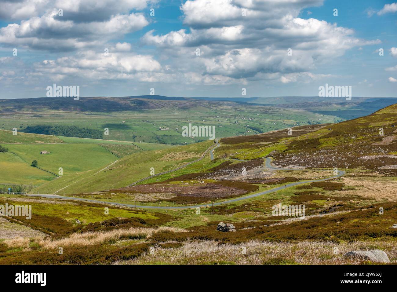 Vista lungo una corsia di campagna sulla collina di Fleak Moss fino a Swaledale in un giorno d'estate, Yorkshire Dales National Park, Inghilterra, Regno Unito Foto Stock