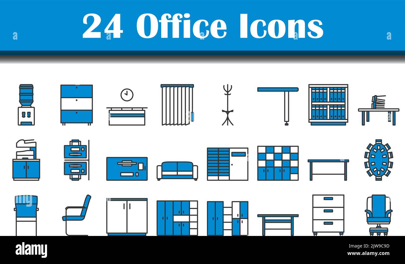Set di icone Office. Contorno grassetto modificabile con disegno riempimento colore. Illustrazione vettoriale. Illustrazione Vettoriale