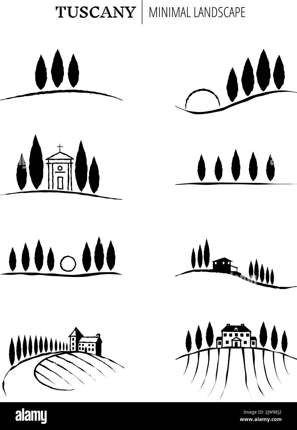 Toscana minimal landscape graphics for brand Identity - nero su bianco Illustrazione Vettoriale