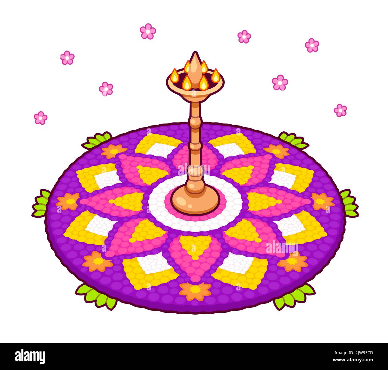 Rangoli floreali (pookalam) per Onam, vacanze indiane in Kerala. Illustrazione della clip vettoriale. Illustrazione Vettoriale