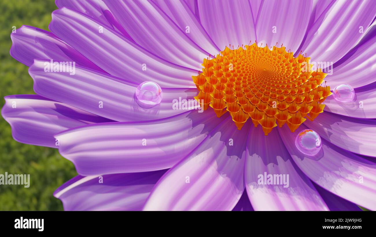 Fiori e gocce di pioggia su sfondo verde erba, macro, rendering 3D Foto Stock