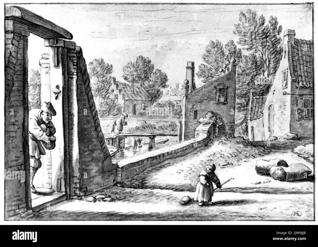 Vista della strada sul lato est del Bemuurd Weerd lungo l'Oosterstroom di Utrecht, da nord-ovest, con un cancello di accesso dietro il quale un ponte sopra l'Oosterstroom è paragonabile al ponte sullo sfondo.n.b. Questa strada è oggi il Gruttersdijk. Il disegnatore si trovava vicino al Kraansteeg. Foto Stock