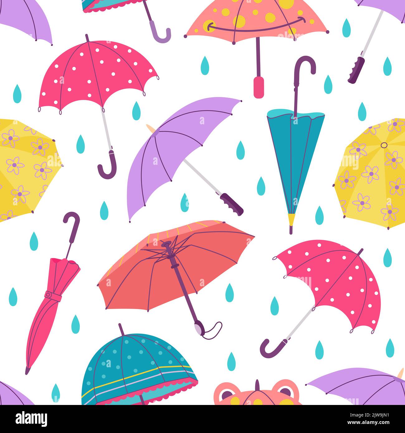 Ombrello e gocce di pioggia modello senza cuciture. Ombrelli disegnati a mano, stagione autunnale o primaverile. Astratto cute childish decent vettore Illustrazione Vettoriale