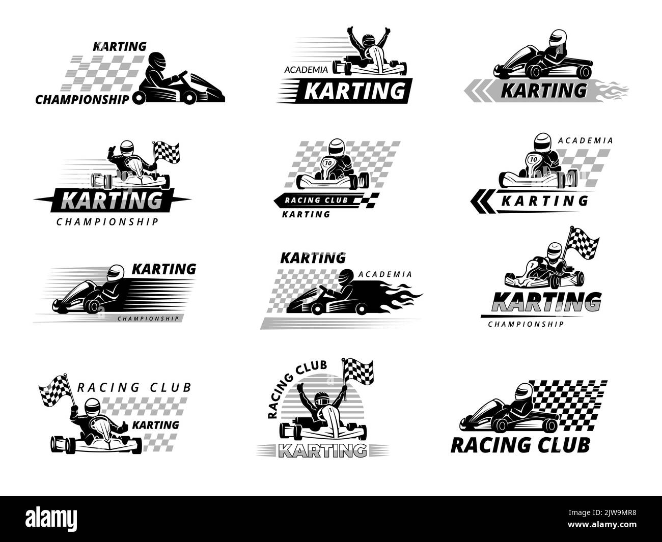 Gara kart. Collezione di emblemi e badge per auto sportive estreme veloci isolati su loghi vettoriali recenti bianchi Illustrazione Vettoriale