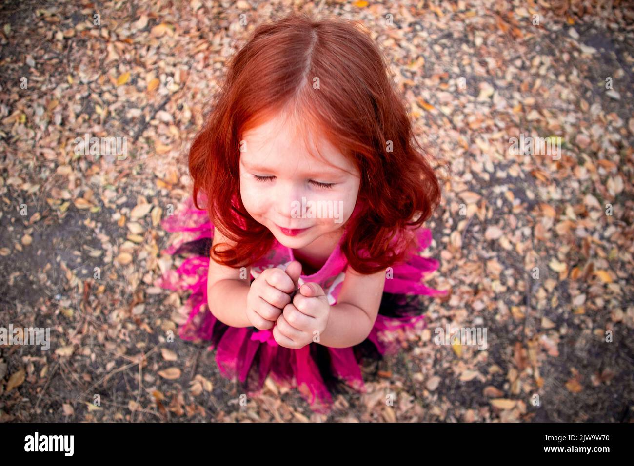 una bambina dai capelli rossi si alza con gli occhi chiusi vista dall'alto tra foglie gialle autunnali Foto Stock