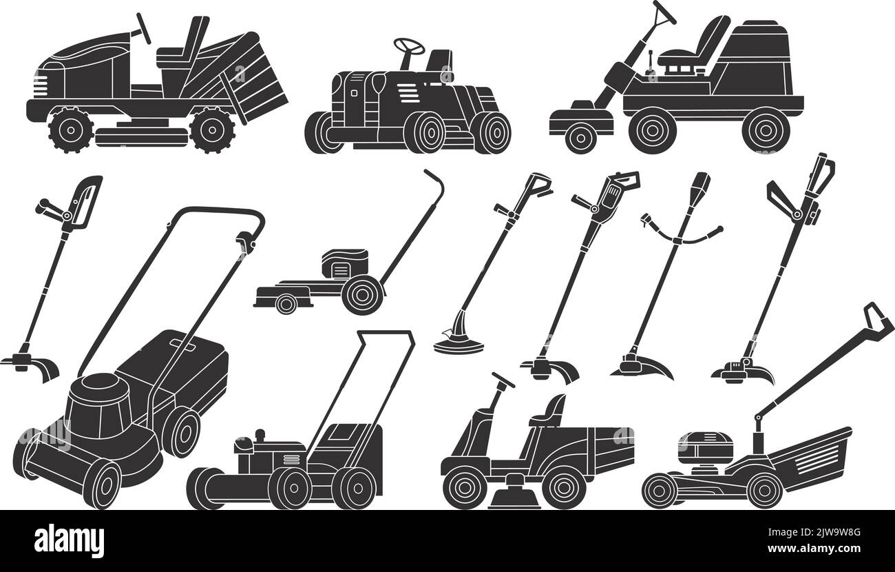 Macchina rasaerba. Logo dei rasaerba agricoli, equitazione giardino trattore giardiniere macchina nera icona cura paesaggio cortile rasaerba giardinaggio servizio, neoterico vettore illustrazione di macchina giardino attrezzature Illustrazione Vettoriale