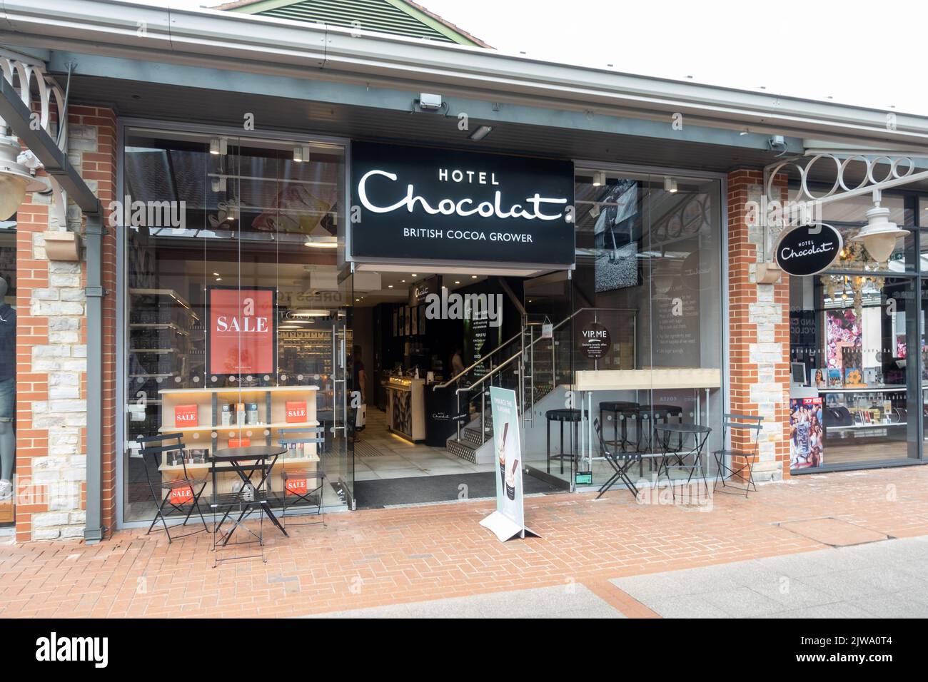 Hotel Chocolat store a, British Cocoa Grower presso il Clarks Village outlet shopping, Street, Somerset, Inghilterra, Regno Unito Foto Stock