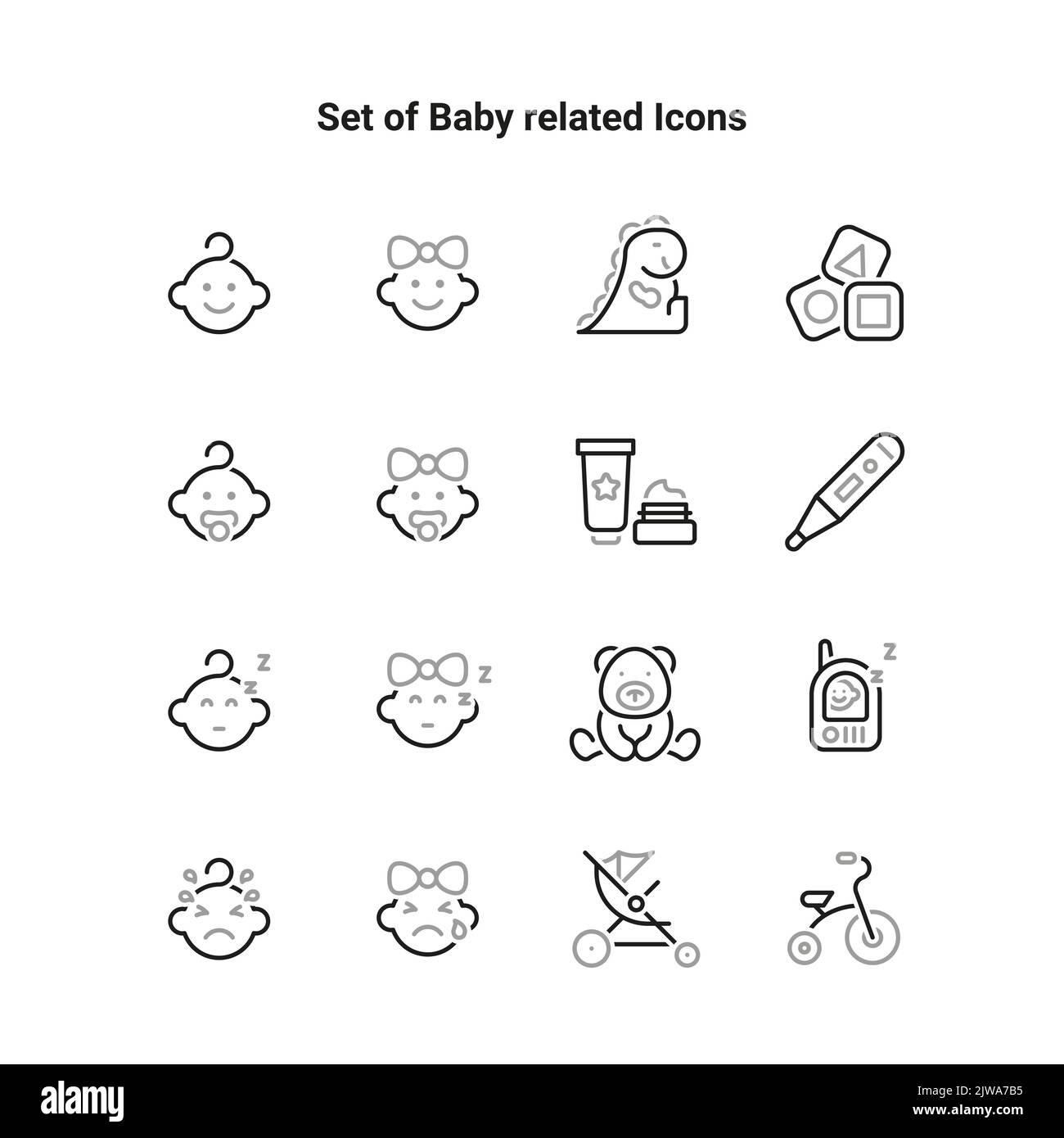 Semplice insieme di circa bambino relativo icone di linea vettoriale. Contiene icone come il bambino, la salute, triciclo. Illustrazione Vettoriale