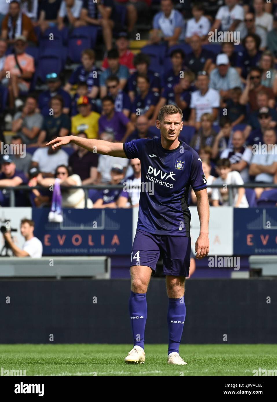 Jan Vertonghen di Anderlecht reagisce durante una partita di calcio tra il RSCA Anderlecht e l'OH Leuven, domenica 04 settembre 2022 ad Anderlecht, il giorno 7 della prima divisione del campionato belga della 'Jupiler Pro League' del 2022-2023. FOTO DI BELGA JOHN THYS Foto Stock