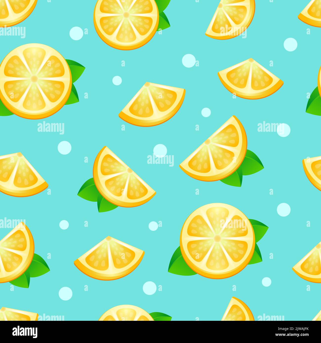 Motivo senza cuciture con limoni, illustrazione vettoriale. Fette di limone su fondo turchese e puntini. Illustrazione Vettoriale