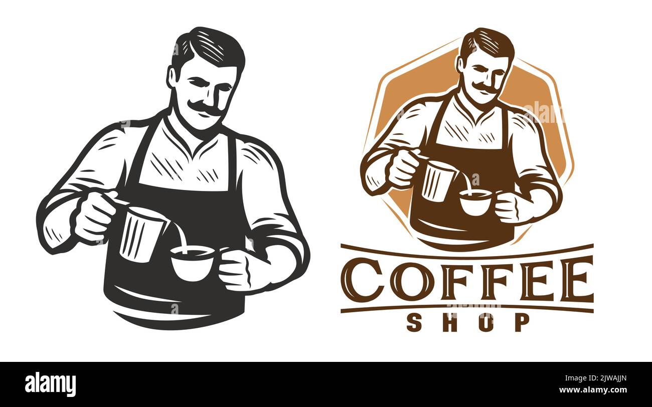 Modello del logo del barista del bar. Modello di design per il menu del ristorante o del caffè. Illustrazione vettoriale del logo per la preparazione del caffè Illustrazione Vettoriale