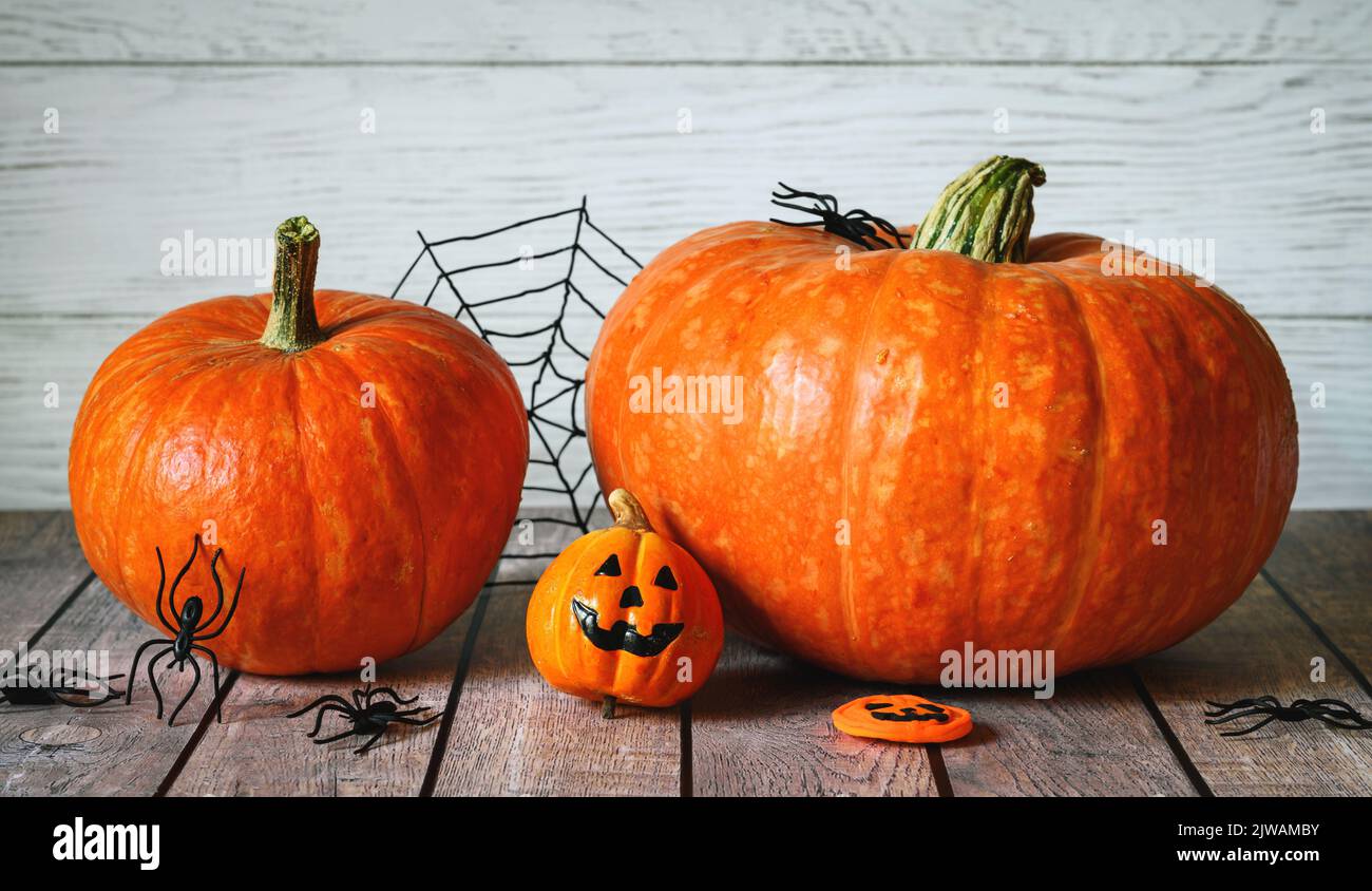 Zucche di Halloween su un tavolo di legno rustico, verdure fissate da parete bianca di legno. Ancora vita di cibo arancione e le decorazioni di Halloween spooky. Concetto di o Foto Stock