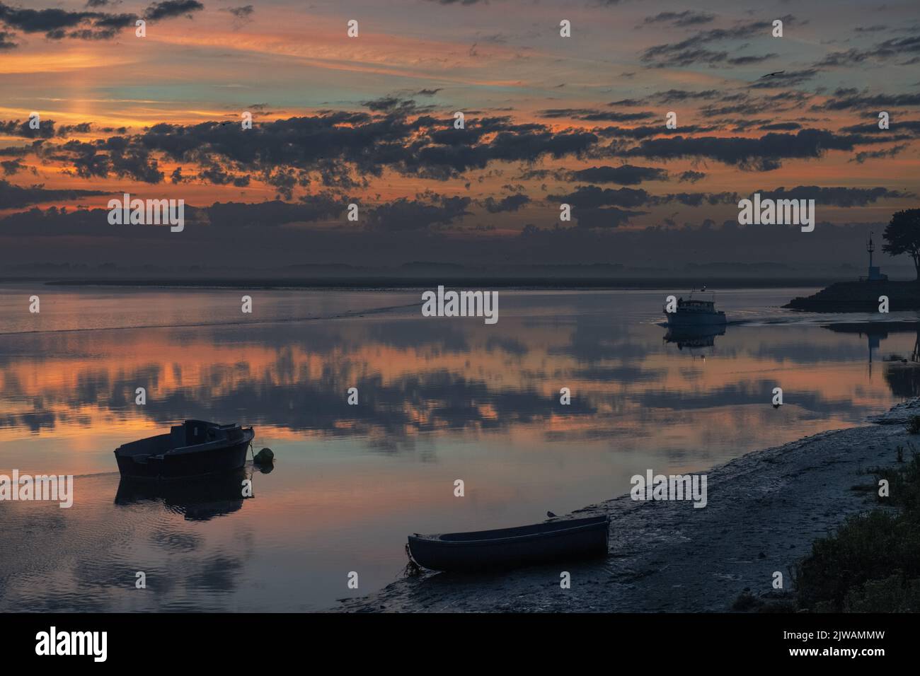 Saint Valery sur Somme, entrée du port, Lever de soleil, feu de port, mouettes Foto Stock