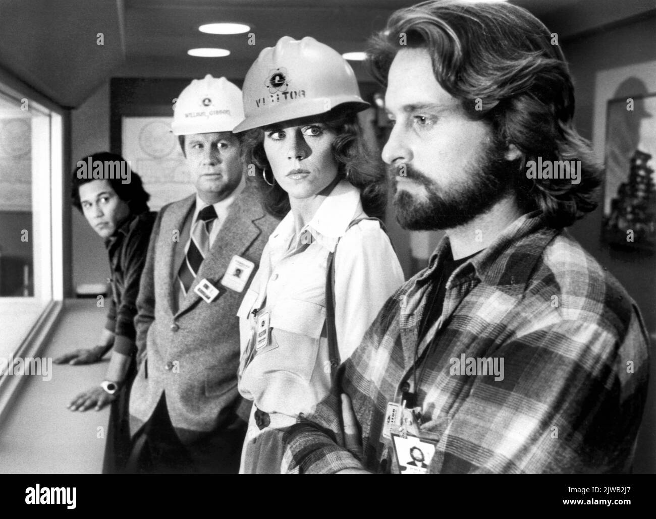 Daniel Valdez, James Hampton, Jane fonda, Michael Douglas, on-set of the Film, 'China Syndrome', Columbia Pictures, 1978 Foto Stock