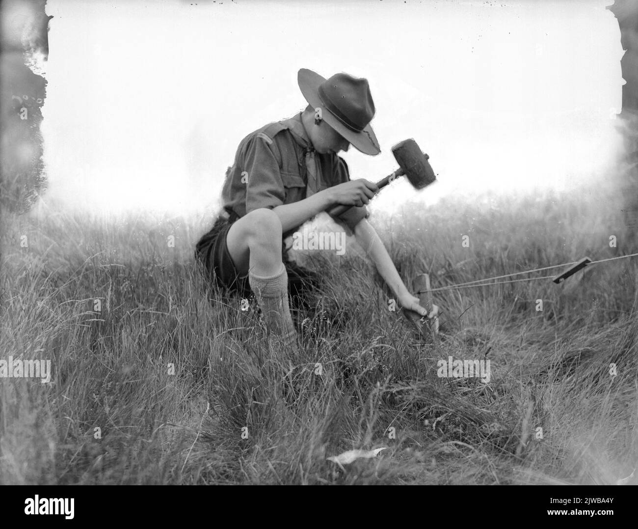 Immagine di un ragazzo scout mentre si imposta una tenda nella zona di Leusden. Foto Stock